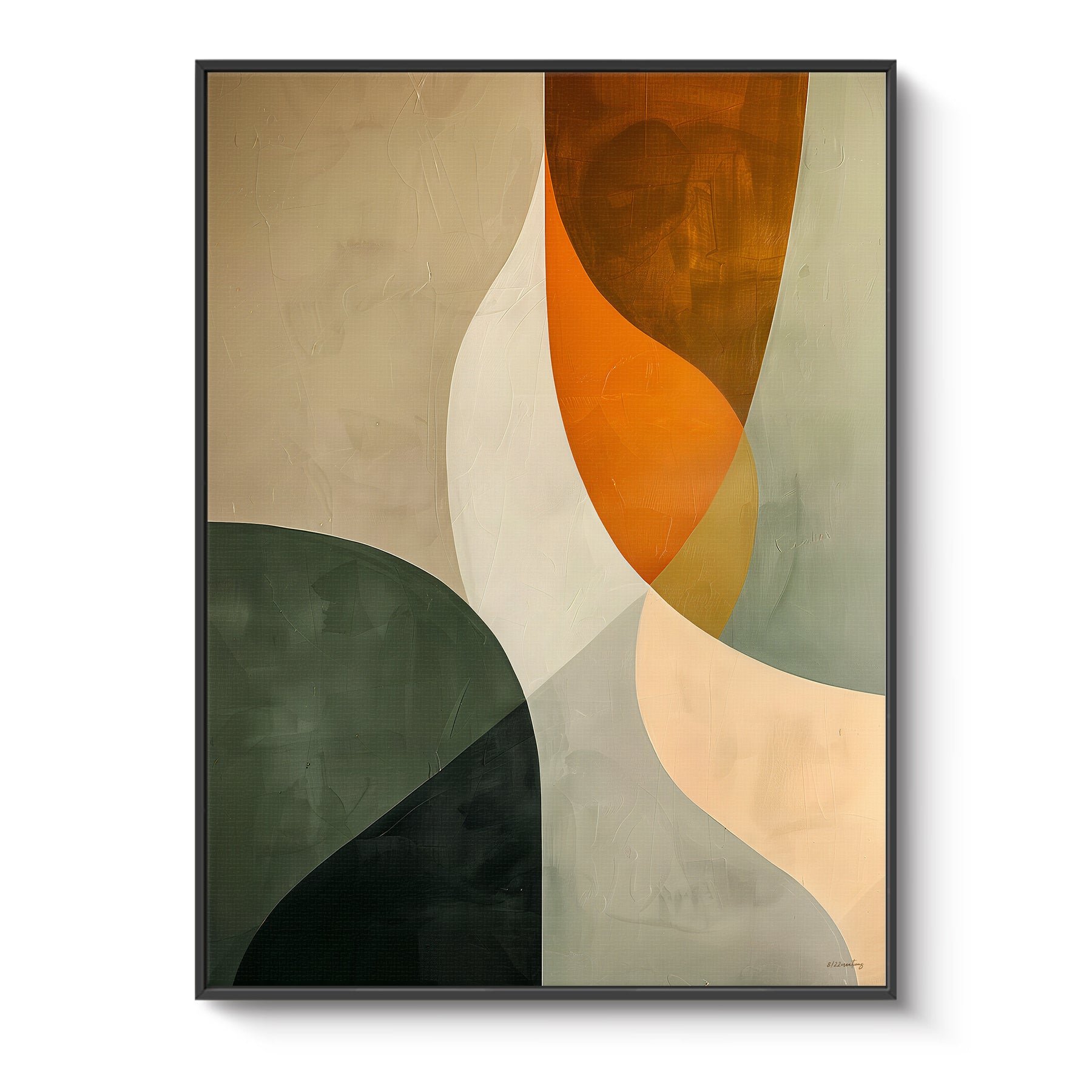 Framed canvas print with interlocking organic shapes in forest green, terracotta orange and cream — earthy mid-century modern wall art in a black floating frame